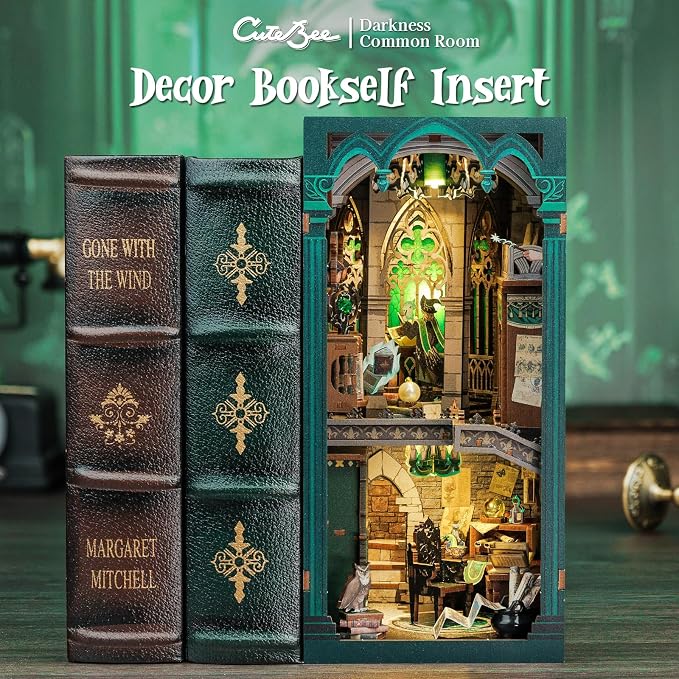 CUTEBEE Book Nook Kit - DIY Booknook Miniature House Tiny House 3D Wooden Puzzle Dollhouse Kit for Adults and Teens, Bookshelf Insert Decor, DIY Craft Gift Model Build (Darkness Common Room)