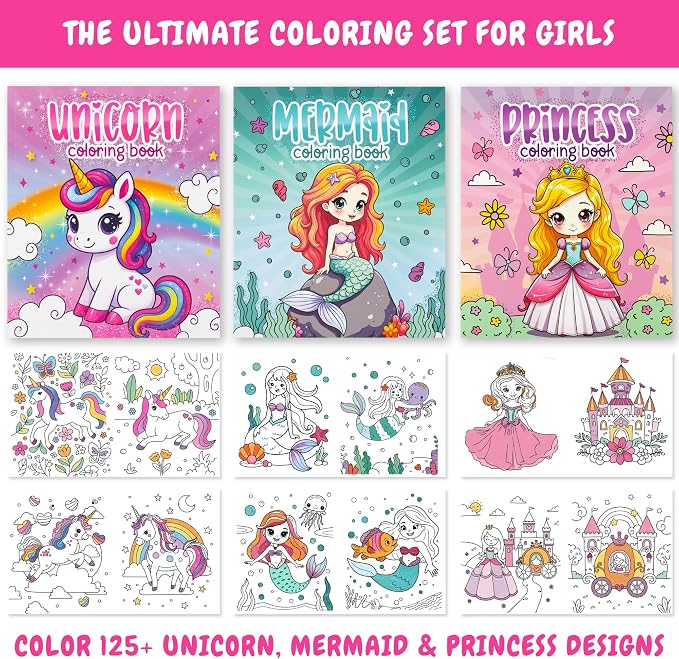 Fun Coloring Books for Kids Set of 3 - Cute Princess, Unicorn & Mermaid Coloring Book for Girls Ages 4-8 - Easy to Color Toddler Gift for Travel w Magical Themes for Your Creative Little Princess 1-3