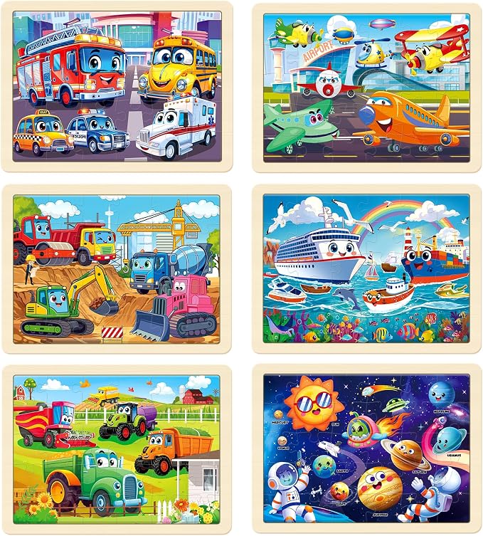 6-Pack Wooden Puzzles for Kids Ages 3-5, 30 Piece Jigsaw Puzzles Puzzles for Kids Ages 4-6, Educational Puzzles for Boys and Girls, Ages 3+