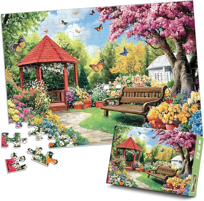 Jeacirio 100 Piece Garden Puzzle for Seniors, Large Piece Jigsaw Puzzle with Colorful Flowers, Butterflies, Gazebo and Spring Garden Scene, Relaxing Activity Gift for Older Adults and Families