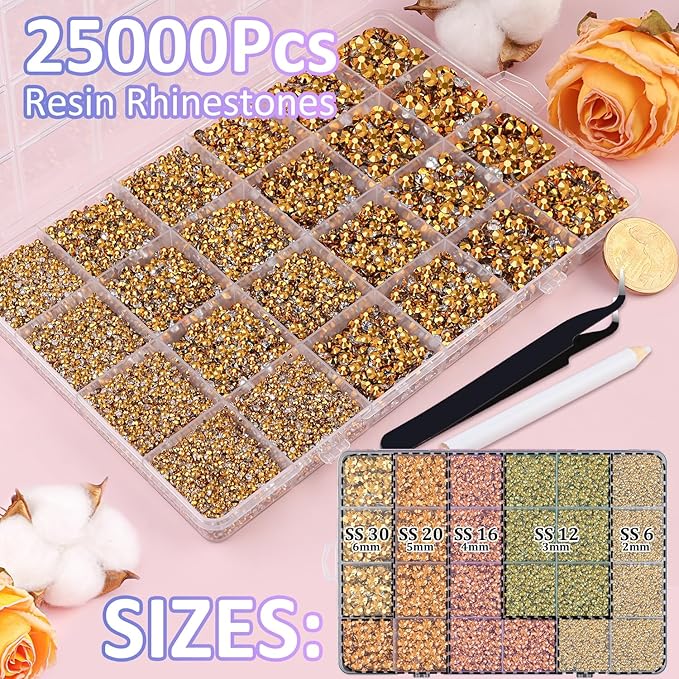 25000Pcs Resin Rhinestones for Crafting, Mine Gold 2-6mm Mixed Sizes Non Hotfix Flatback Gems with 1Pcs Glue, Bedazzling Crystal for DIY Craft Clothing Mugs Tumblers Shoes Fabric Decor Nail Art