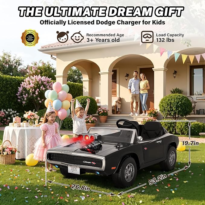 Licensed 1970 Dodge Charger 24V Ride on Toys for Big Kids, 2 Seater Ride on Car with Parent Remote Control, Dual 120W Motors, Bluetooth Music, LED Lights, Hood Supercharger with Mist, 5 MPH