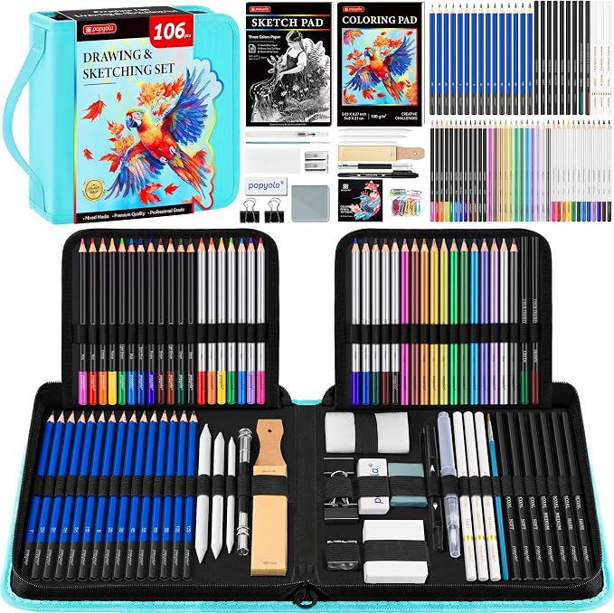 106 Pack Art Supplies Sketching Kit with 3-Color Sketchbook, Coloring Book, Tutorial, Graphite Colored Charcoal Watercolor & Metallic Pencils, Drawing Supplies Gift Case for Artists Beginners Adults