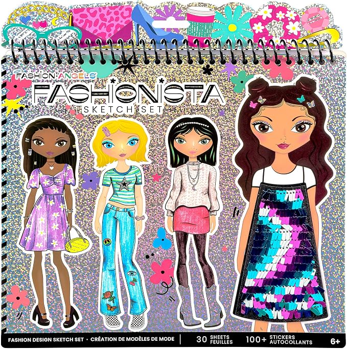 Fashion Angels Fashion Design Sketch Portfolio, Includes 40 Sketch Sheets, 4 Stencil Sheets & Stickers, Fashion Sketch Pad for Beginners & Kids Ages 6+