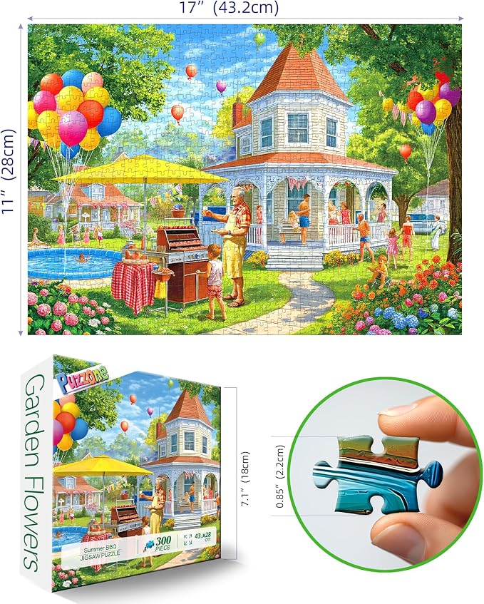 Summer Backyard BBQ Party 300 Piece Puzzles for Adults Pool Scene with Balloons Jigsaw Puzzle Letters on Back Fun Barbeque Family Challenge Seniors Puzzle for Game Night Gifts (17"×11")