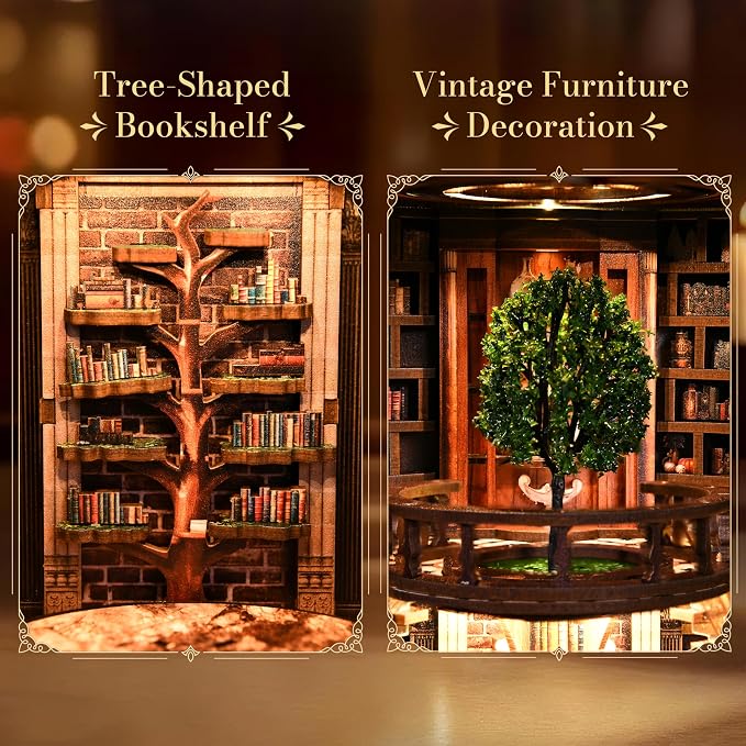 POP JOY DIY Book Nook Kit with LED Light, Fantasy Tree Library Miniature Dollhouse 3D Wooden Puzzle Bookshelf Insert, DIY Book Nook Bookshelf Decor for Adults Teens Book Lovers Gift