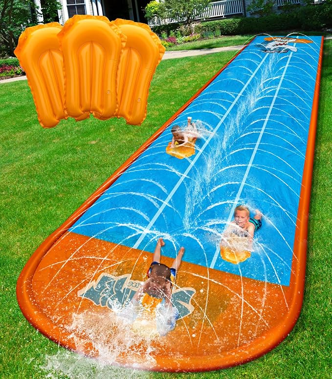 Spring Water Slip and Water Slide for Kids Backyard, 22ft*3 Racing Lanes Slip Water Slides with Sprinkler for Age 5-8 8-12, Summer Outdoor Water Toy with 3 Inflatable Bodyboards