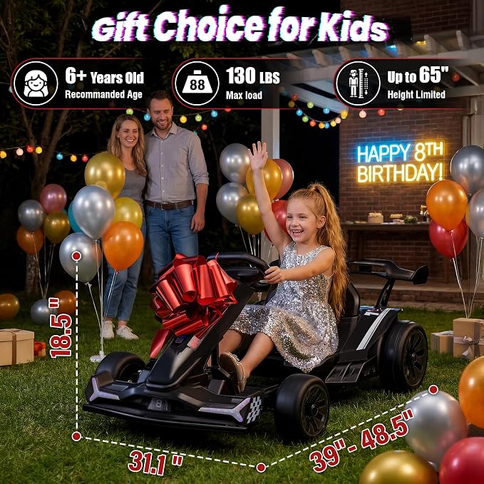 24V Electric Go Kart, Kids Drift Kart with Dual 400W Motors, Length Adjustable Seat, 8.2 MPH Max, 130LBS Max Load, Outdoor Ride on Toy Crazy Kart w/Bluetooth Music, Rainbow Light