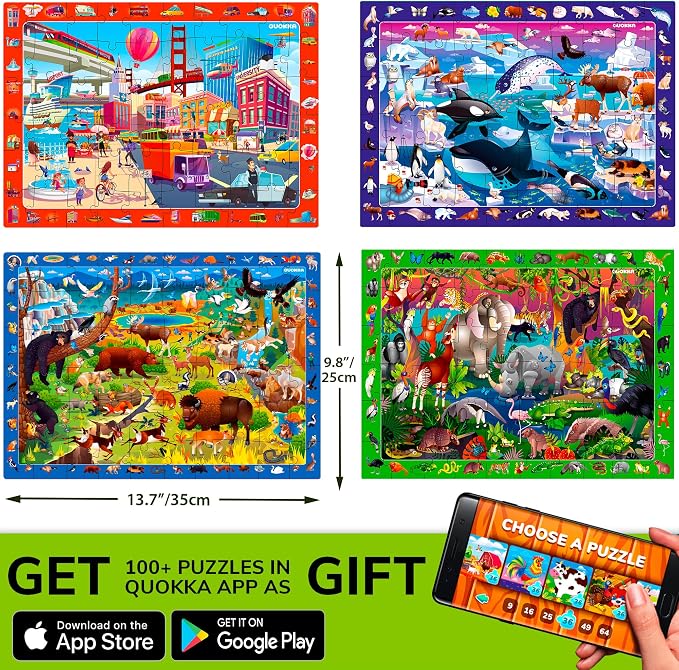 QUOKKA Puzzles for Kids Ages 4-6 - 4 x 60 Puzzles for Toddlers 5-8 - Educational Search and Find Toy for 8-10 yo for Learning Forest Polar, USA National Park Animals and City Life