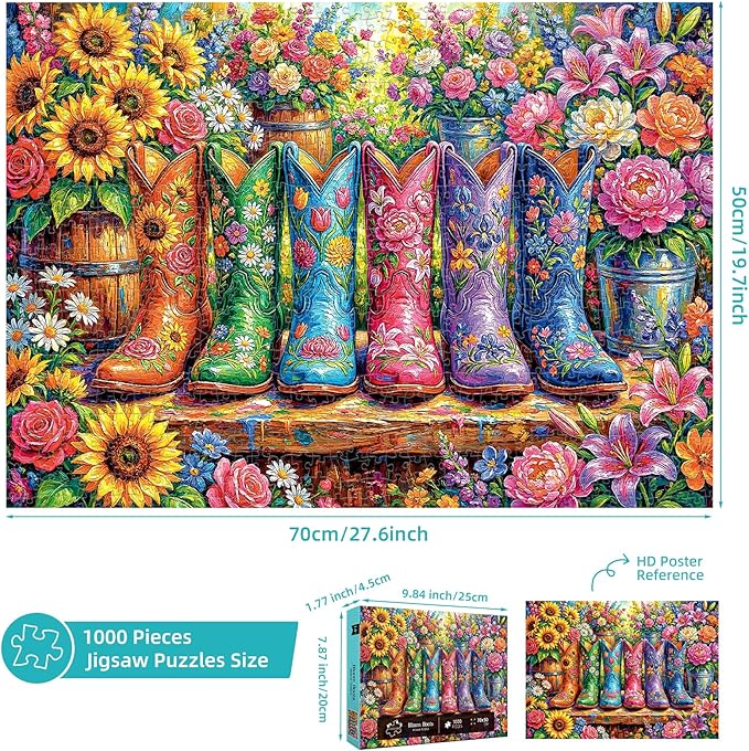 1000 Piece Puzzle for Adults, Colorful Flower Boots Jigsaw Puzzles, Plant Floral Boot Garden Jigsaw Puzzle, Fun Challenging Puzzle with Letters on Back, Cowgirl Blooming Boots Puzzles for Game Night