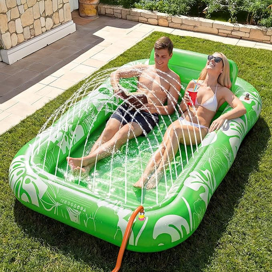 Inflatable Tanning Pool Lounger Float with Sprinkler, 77" x 48" Pool Floats Adult with Pillow, 6 in 1 Suntan Tub Raft Floatie with Drink Holder Sunbathing Water Lounge