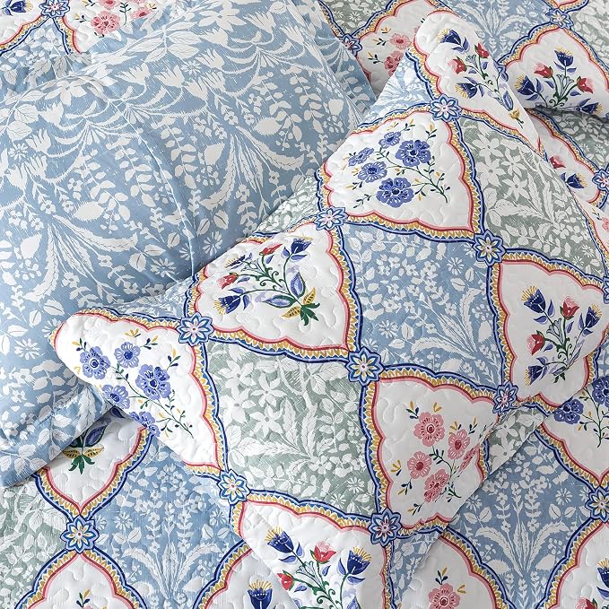 NEWLAKE Quilt Set Queen Size, Bedspread Sets Elegant Floral, Reversible Quilt Bedding Set Lightweight and Breathable for All Seasons, Soft Quilted Bedspread with 2 Pillow Shams