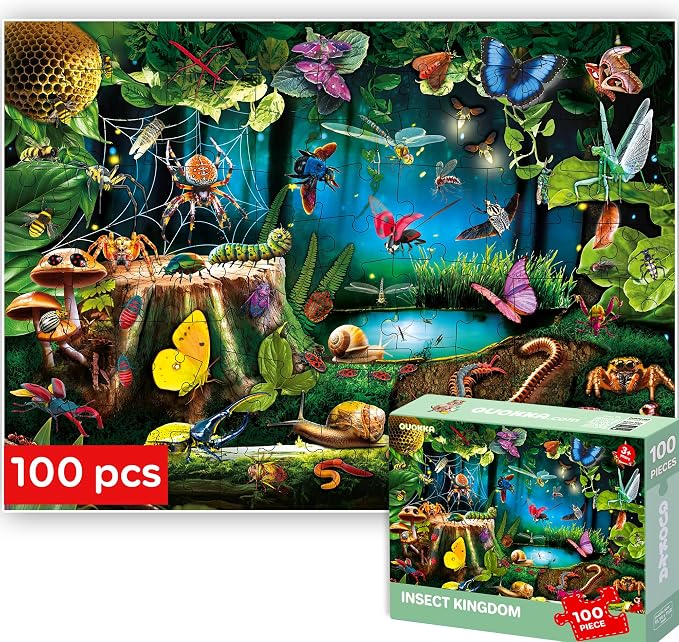 QUOKKA 100 Piece Puzzles for Kids Ages 4-6 – Floor Kids Puzzles Ages 6-8 Year Old – Toy for Learning Forest Bugs for 8-10 yo – Jigsaw Toddler Game for Boy and Girl Age 3-5