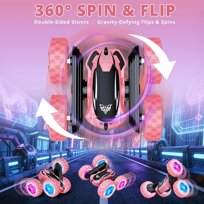 Remote Control Car, 2.4GHz RC Stunt Car, Double Sided 360° Rotating RC Cars with LED Headlight & LED Wheel, High Speed Off Road RC Crawler Xmas Gift for 3 4 5 6 7 8-12 Year Old Girls Toys (Pink)