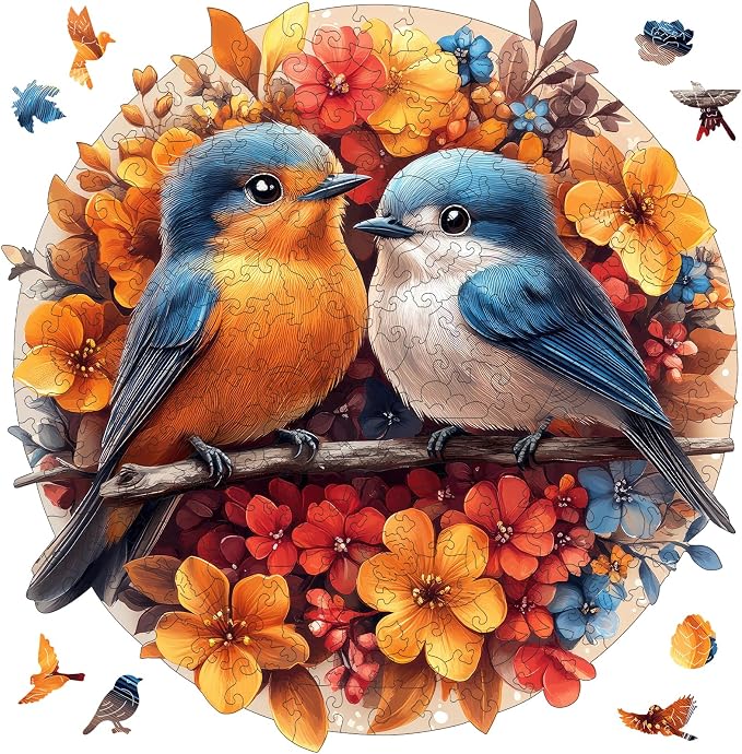 Mys Aurora Wooden Puzzles for Adults, Robin Bird Couple Jigsaw Puzzles 500 Pieces, 16.2 x 16.5 Inch, Royal, Unique Shaped Round Blue Birds Puzzles for Adults and Kids, Family Game