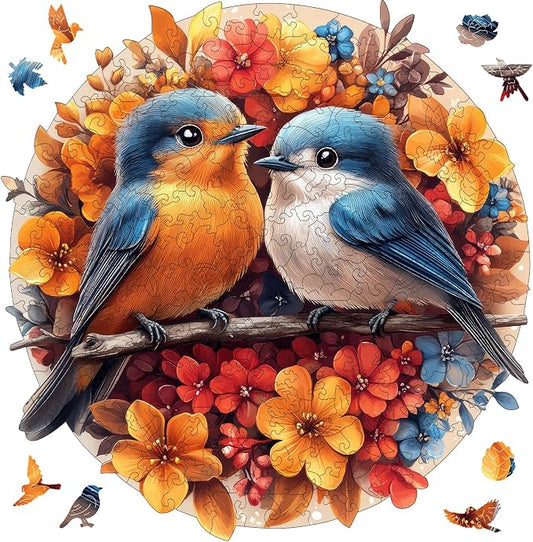 Mys Aurora Wooden Puzzles for Adults, Robin Bird Couple Jigsaw Puzzles 500 Pieces, 16.2 x 16.5 Inch, Royal, Unique Shaped Round Blue Birds Puzzles for Adults and Kids, Family Game