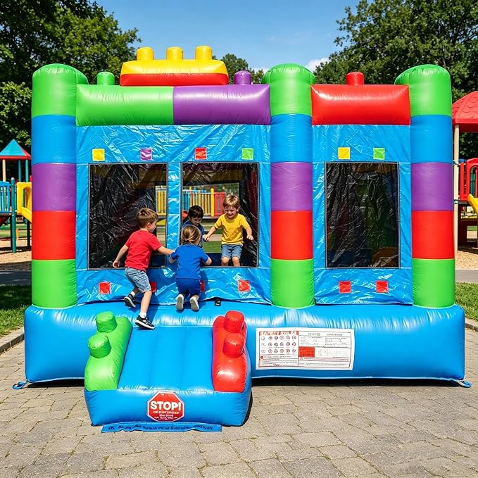 Semi Commercial Bounce House for Big Kids,Built-in Slide,PVC Material,for Backyard Outdoor Party,12.3'Lx 12'Wx 9.4'H (Building Block Ver2 with Blower)