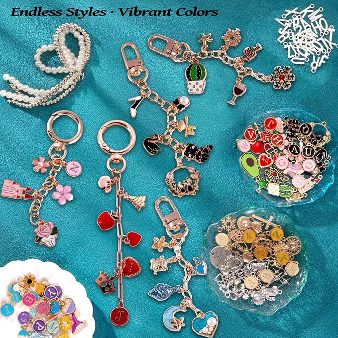 Wurosi 325Pcs Charms Lip Gloss Keychain Making Kit, Including 20 Keychain Clips 25 Extender Chain 118 Charms Jewelry Plier, Bag Charm Kit, Keychains Making Supplies for Jewelry Making,Christmas Gifts