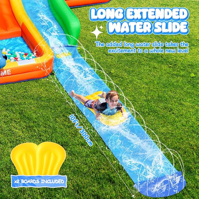 FINCOME Inflatable Water Slide Bounce House with Extend Long Splash Waterslide for Kids Backyard, Blow Up Bouncy Castle Park with 2 Water Pool, Basketball Hoop, Water Cannon for Indoor, Outdoor, Party