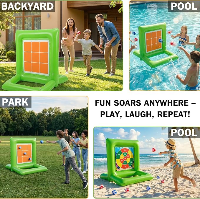Pool Toys for Kids & Adults, 2-in-1 Dart Board and Tic Tac Toe Pool Game with 24 Sticky Balls, Family Summer Water Games for Backyard, Pool Party and Swimming Pool, Green