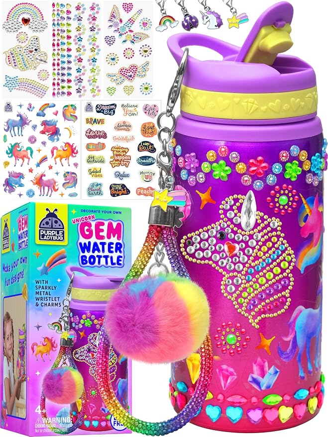 PURPLE LADYBUG Decorate Your Own Water Bottle Kit for Girls - Gift for Girls Ages 5 6 7 8 9 10 Year Old Girl Birthday Gift, Unicorn Toys Crafts Kids Ages 6-12 Summer Crafts for Kids