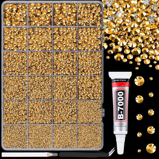 25000Pcs Resin Rhinestones for Crafting, Mine Gold 2-6mm Mixed Sizes Non Hotfix Flatback Gems with 1Pcs Glue, Bedazzling Crystal for DIY Craft Clothing Mugs Tumblers Shoes Fabric Decor Nail Art