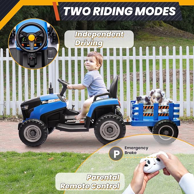 JOYRACER 24V Ride On Toys for Kids, Electric Ride on Tractor w/400W Motors, Tiltable & Detachable Trailer, Adjustable Seat, Bluetooth, Music, Remote Control Tractor Toys for Boys, Sapphire