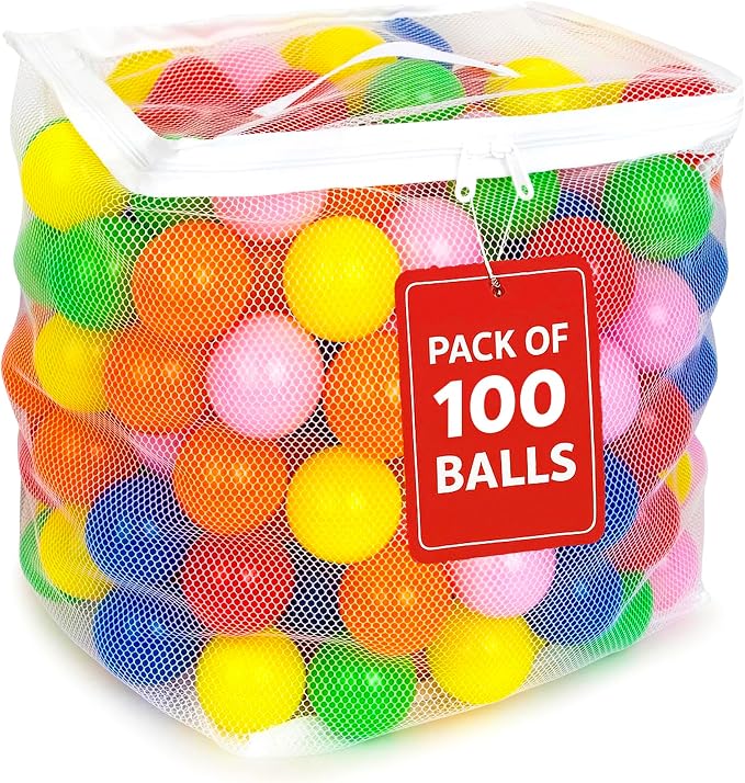 MW SPORTS Ball Pit Balls for Kids and Toddlers, Plastic Crush Proof, Phthalate & BPA Free, in Reusable Mesh Storage Bag, Assorted Colors (100 Balls)