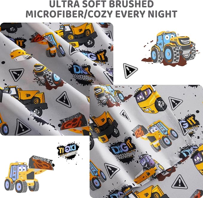 Viviland 3 Pieces Boys Grey Truck Twin Sheet Set - Soft Microfiber Fitted Flat Sheets & Pillowcase Bed Sheet Set - Heavy Duty Vehicle Print Bedding Sets for Kids