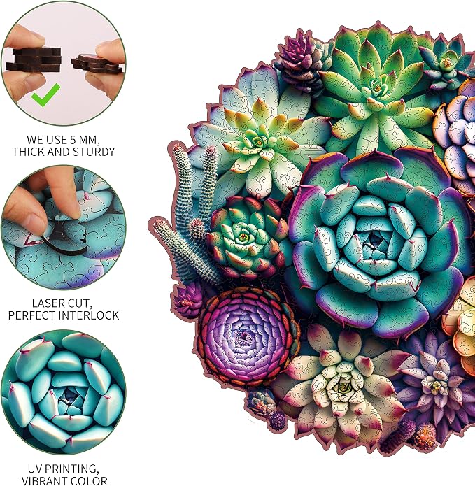 Mys Aurora Wooden Jigsaw Puzzles - Mandala Succulent Plants, 200 Piece Luxurious Shaped Wooden Puzzles for Adults and Kids, Family Game, Medium 11.3'' x 10.9''