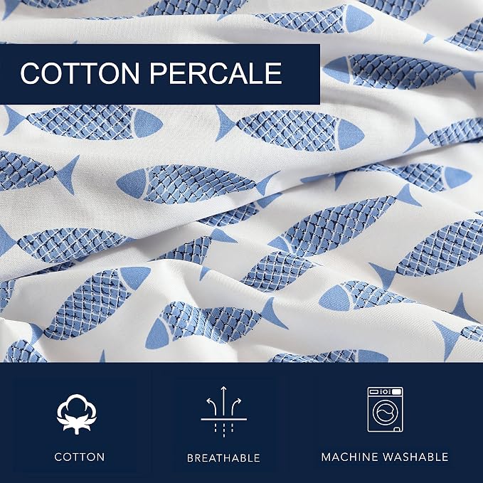 Nautica – Full Size Sheet Set, Crisp Cotton Percale Bedding with Matching Pillowcases, Lightweight & Breathable Bed Sheets, Deep Pocket, College Dorm Room Essentials (Woodblock Fish Blue)