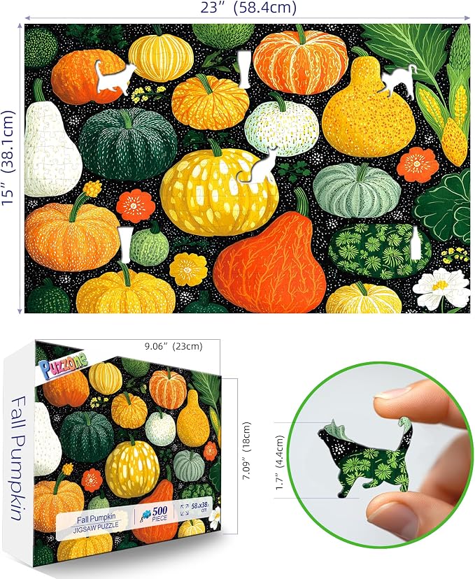 500 Piece Puzzle for Adult Colorful Pumpkins, Gourds & Autumn Squash Fall Vegetables Jigsaw Puzzle- Floral Elements (Flowers/Leaves) Harvest Game, Thick Cardboard, Ideal Gift for Adults