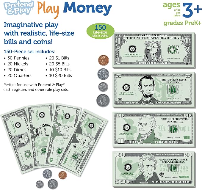 Learning Resources Pretend & Play Money - Kids Cash Register, Dollars, Pretend Classroom Play Sets for Kids, Toy Currency, Toy Dollar Bills