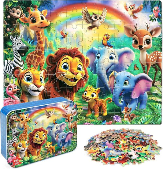MZZOTOY Jungle Animals Puzzles for Kids Ages 4-8, 100 Pieces Jigsaw Puzzles for Kids Ages 3-5 Puzzle for Girls and Boys Learning Educational Puzzles Toys in a Metal Box ﻿