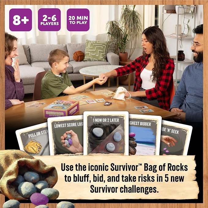 Exploding Kittens Survivor: Let’s Go to Rocks Game for Ages 8+, 2 to 6 Players, Strategy and Challenge Party Game with Rocks, Cards, and Immunity Necklace.