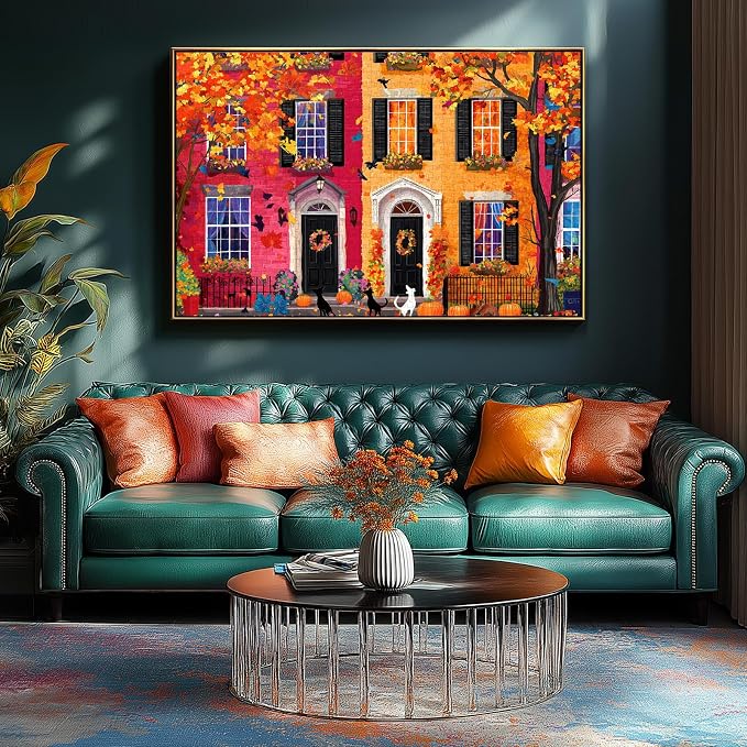 Colorful Autumn Street Scene 1000 Piece Puzzles for Adults Clearance, Funny Fall Harvest Theme Puzzles for Adults,27.5 * 19.7 in Dust Free, Stress Relief Ideal Gift for Family Games