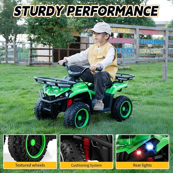 TOBBI 24V Kids Electric Ride On ATV, Battery-Powered 4 Wheels Ride On Car with Storage Basket, Three-Speed, LED Light, Music, Ride On Toy for Kids 3-8 Years-Green