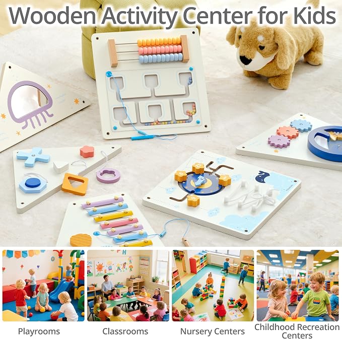 Pillowhale Tangram Activity Wall Busy Board Panels, 12-in-1 Learning Activity Center, Wooden Montessori Sensory Toys for Toddler Playroom, Nursery, Daycare, Classroom, Dentist Waiting Room