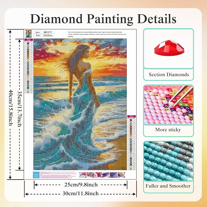 Ocean Wave Woman Diamond Painting Kit for Adults, Fantasy Beach Sunset Lady, 5D Full Round Drill Diamond Art Beginners Canvas for Home Wall Decor, DIY Paint by Diamonds Dot Gem Craft12x16 Inch