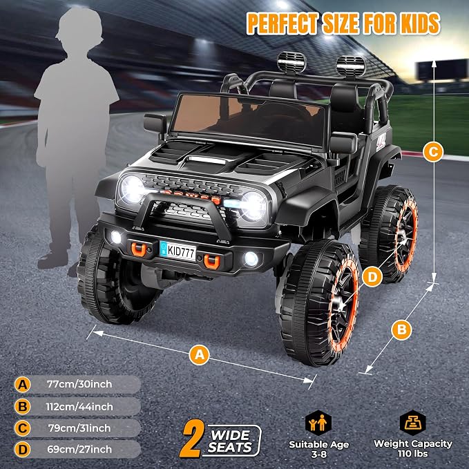 Hikole 24V Electric Ride on Truck, 2 Seater Battery Powered Truck with 20" Wide Seat, 4x100W Powerful Wheels, Music, Remote Control, LED Lights, Ride on Car for Big Kids Boys 4-8, Black