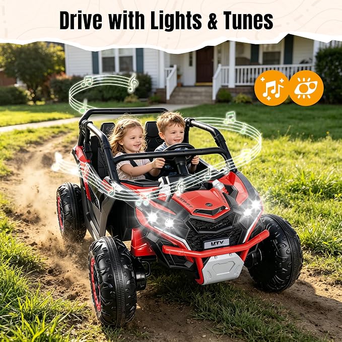 Firstness 24V Ride on Toys 800W Electric Remote Control Ride on Cars for Kids 2-Seater Riding Cars for Kids Ages 3-8, 3 Speed Mode, Music, LED Light, Off-Road UTV Ride on Truck for Boys & Girls, Red