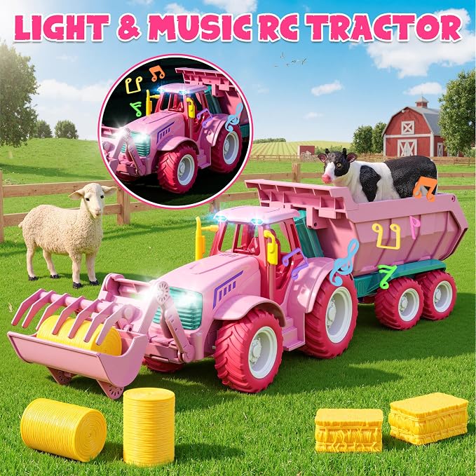 Funwee RC Farm Tractor Toy w/Light & Music, Kids Trailer Toy w/Front Loader & Farm Animal, 2.4GHz RC Tractor Truck Car for Boys & Girls, Toddler Vehicle Playset Age 3-8+ Year Old Gifts (Pink)