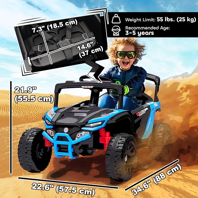 Qaba 12V Kids Ride On Car Truck, Battery Powered Electric UTV Vehicle with Rear Suspension, Remote Control, LED Lights, Music, Horn, Speed Up to 3.1 mph, for 3-5 Years Boys Girls, Blue