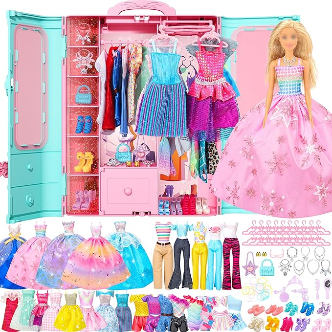 Style Shine 70 Pcs Doll Closet with Clothes & Accessories Playset,2 Wedding Gowns 6 Fashion Dresses 2 Tops 2 Pants 2 Swimsuits 10 Shoes 20 Hangers 27 Accessories Toys for Girls Kids Gifts