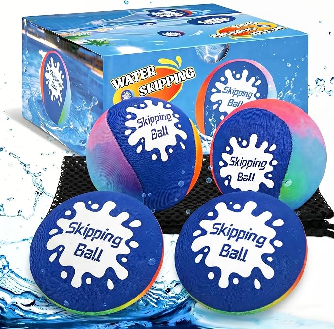 Korlon Skipping Water Balls, 4 Pack Skip Water Bouncing Ball with Mesh Bag, Summer Water Pool Toys for Kids Ages 4-8 8-12 Adults Games Cool Lake Beach Fun