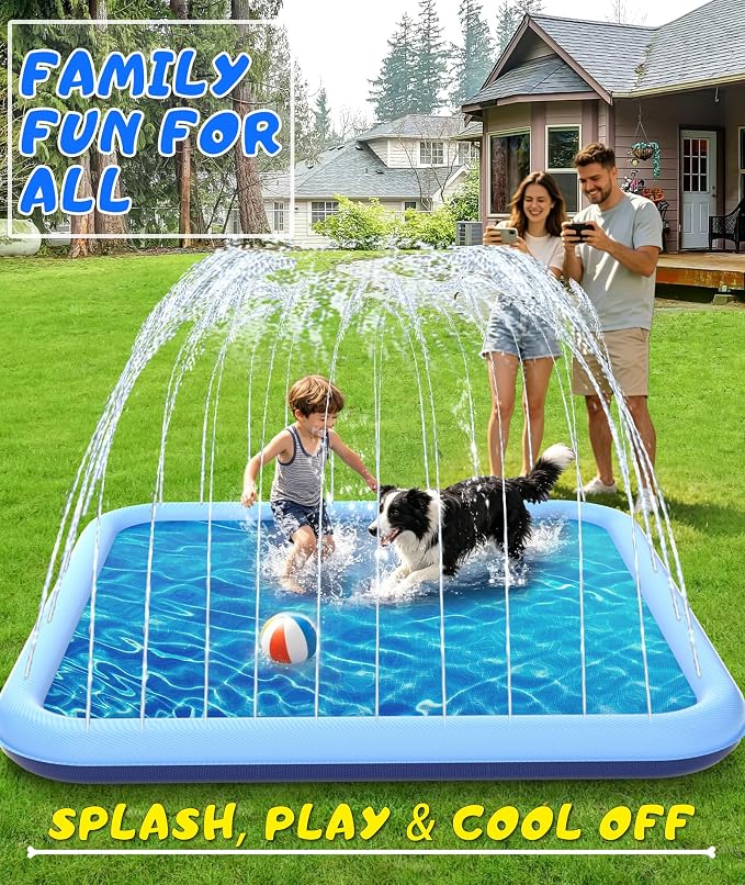 EPN Splash Pad, 127"- 90.5" Size Extra Large Sprinkler Play Mat for Dogs & Kids, Thicker Wading Pool Summer Outdoor Water Toys, Fun Backyard Fountain Play Pad for 3 Age+ Girls Boys Children & Pets