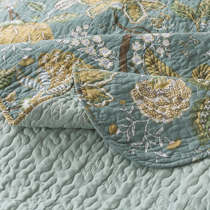 NEWLAKE Bedspread Quilt Sets-Reversible Patchwork Coverlet Set, Green Floral Pattern, King Size