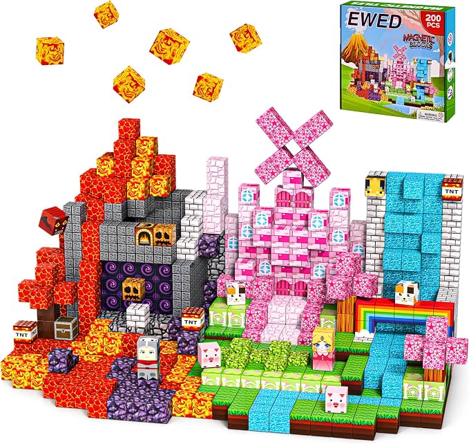 200PCS Magnetic Blocks, Magnetic Building Blocks Cubes Tiles, STEM Educational Stacking Magnets School Game Toys for Kid Ages 3 4 5 6 7 8 9 10 11 Birthday Party Supplies Gifts for Boys and Girls