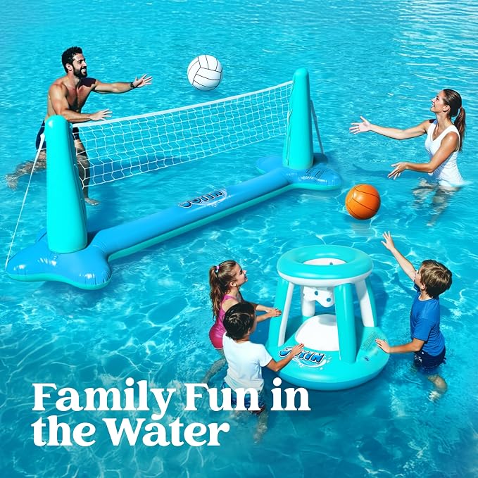 JOYIN XL Inflatable Pool Float Set, 125'' Volleyball Net & Basketball Hoops, Extra Large Floating Swimming Game Toy for Kids and Adults, Summer Floaties, Volleyball Court|Basketball, XL-Blue, Cyan