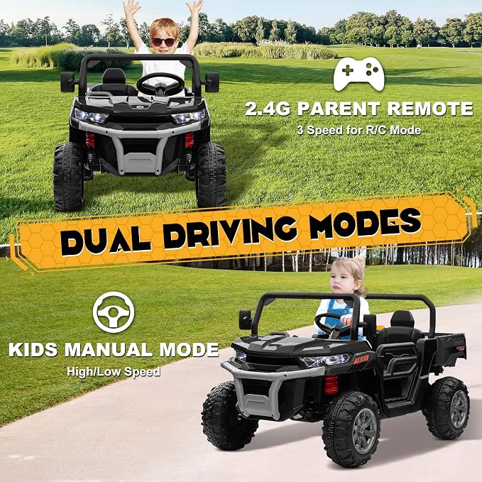 24V 4WD Ride on Car Dump Truck w/4X200W Motor, 2 Seaters, Gift Flower, 2.4G Remote Control, Bluetooth Music, LED Light, 24 Volt Ride on Toy Cars for Big Kids, Black